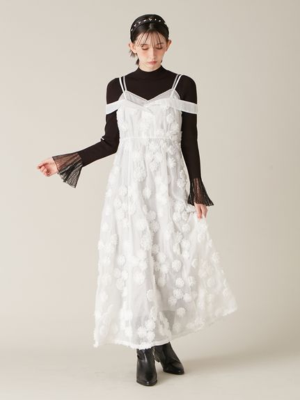 希少美品リリー ブラウンLily Brownチェーン柄ボウタイワンピース ロング LB刺繍カットロングワンピース(マキシ・ロングワンピース