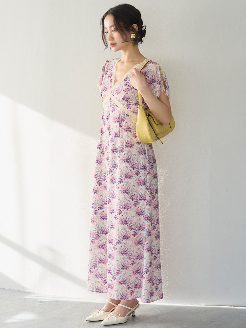 ロマンティックレーストリムプリントワンピース(マキシ・ロング