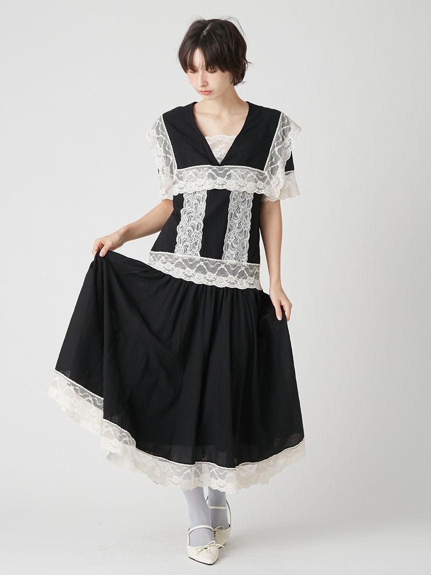 セーラーレーストリムワンピース(マキシ・ロングワンピース