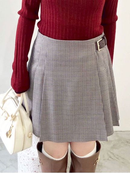 リリーブラウン　ブラウン系 チェック柄 ポンチョ ベルト付き ベルト付きプリーツスカショーパン(ショートパンツ)｜パンツ