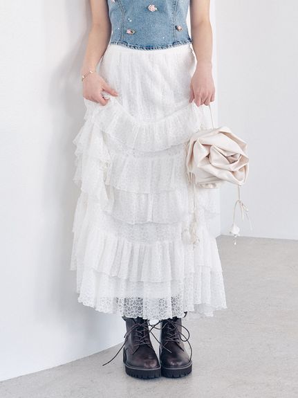 新品・タグ付 リリーブラウン コットンラッフルティアードスカート ロング丈 赤 LILY BROWN（リリーブラウン）の「コットンラッフルティアードスカート