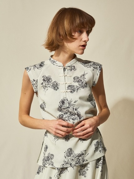 【限定】ライン花柄チャイナトップス