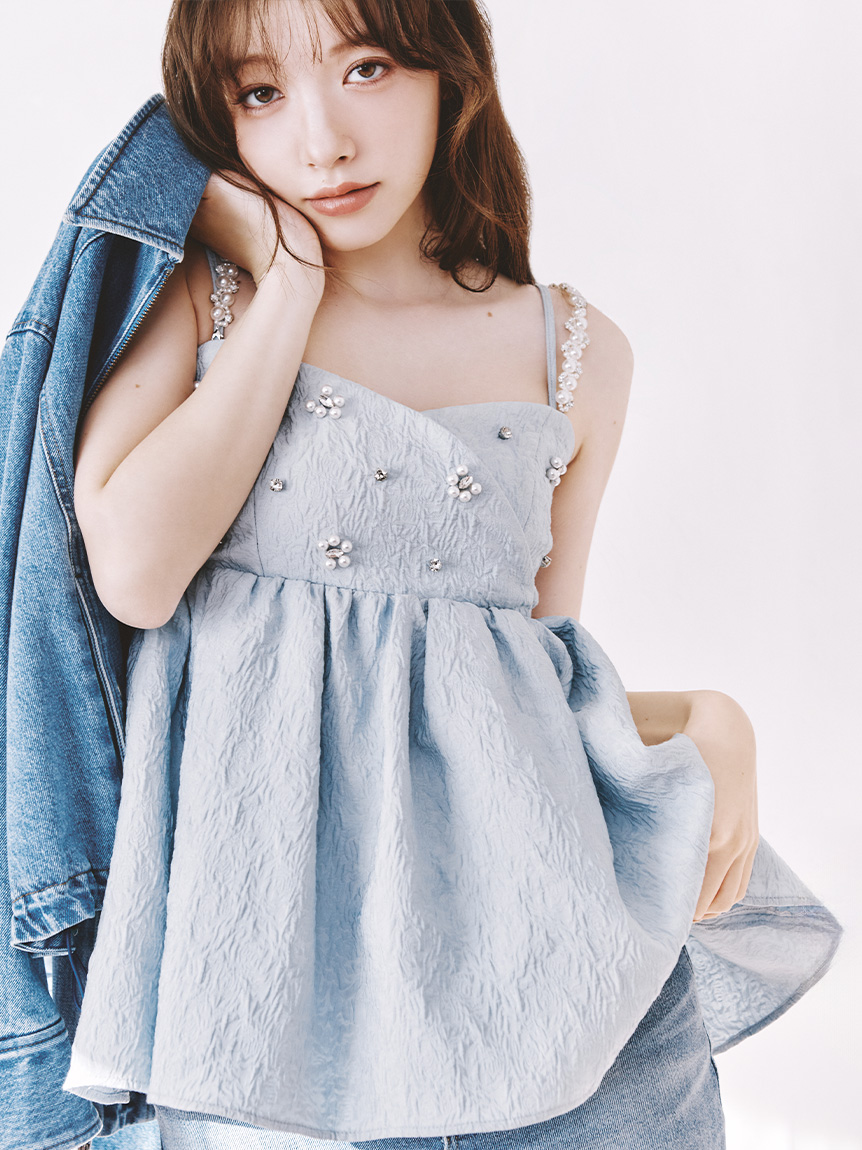 L.B CANDY STOCK]ビッグリボンビジューペプラムトップス(シャツ
