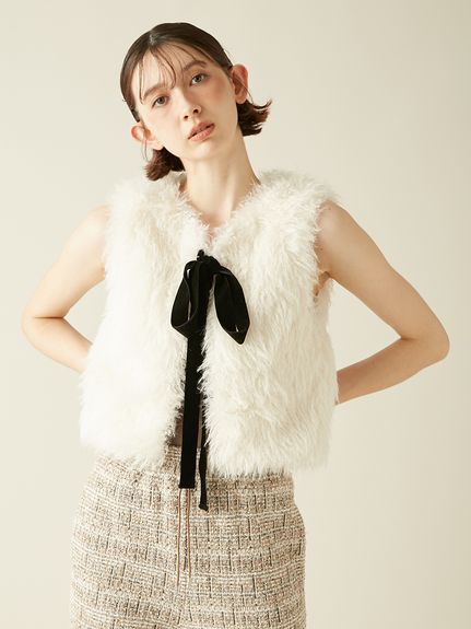 ブラウン ノーカラー 毛皮コート 膝丈 LILY BROWN×MARY QUANT】ビジューボタンミドルファーコート(ノー