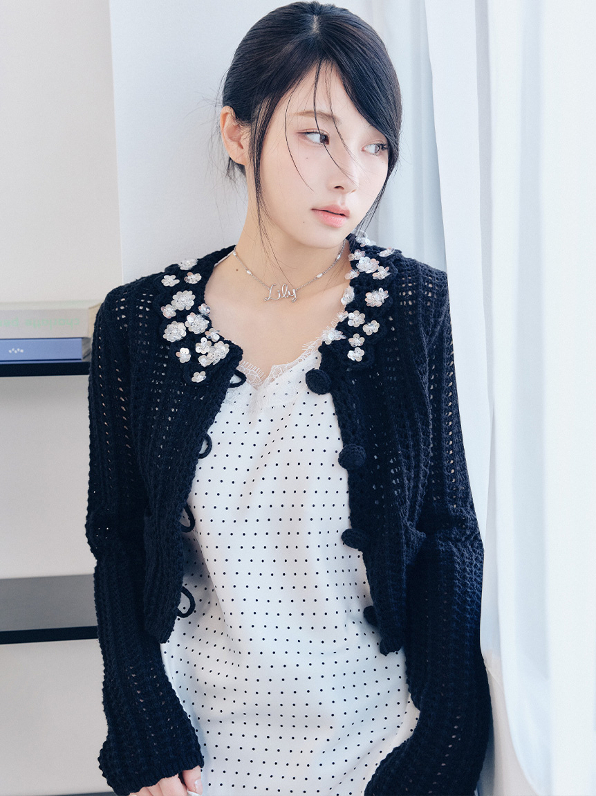 L.B CANDY STOCK]クロシェ編みビジューニットカーディガン