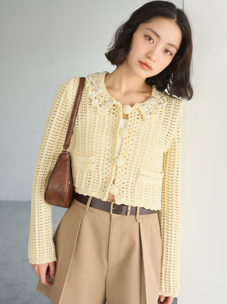 L.B CANDY STOCK]クロシェ編みビジューニットカーディガン