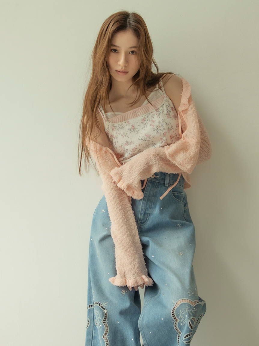 trois トロア カラーネップフリルカーディガン 美品 クロップドフリルニットカーディガン（51135502） | Rose