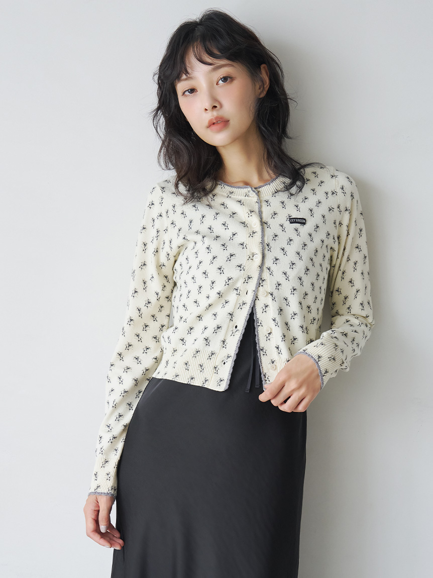LILY BROWN ホワイト リブカーディガン 15th Anniversary】Lilyモチーフスカラップトリムニットカーディガン
