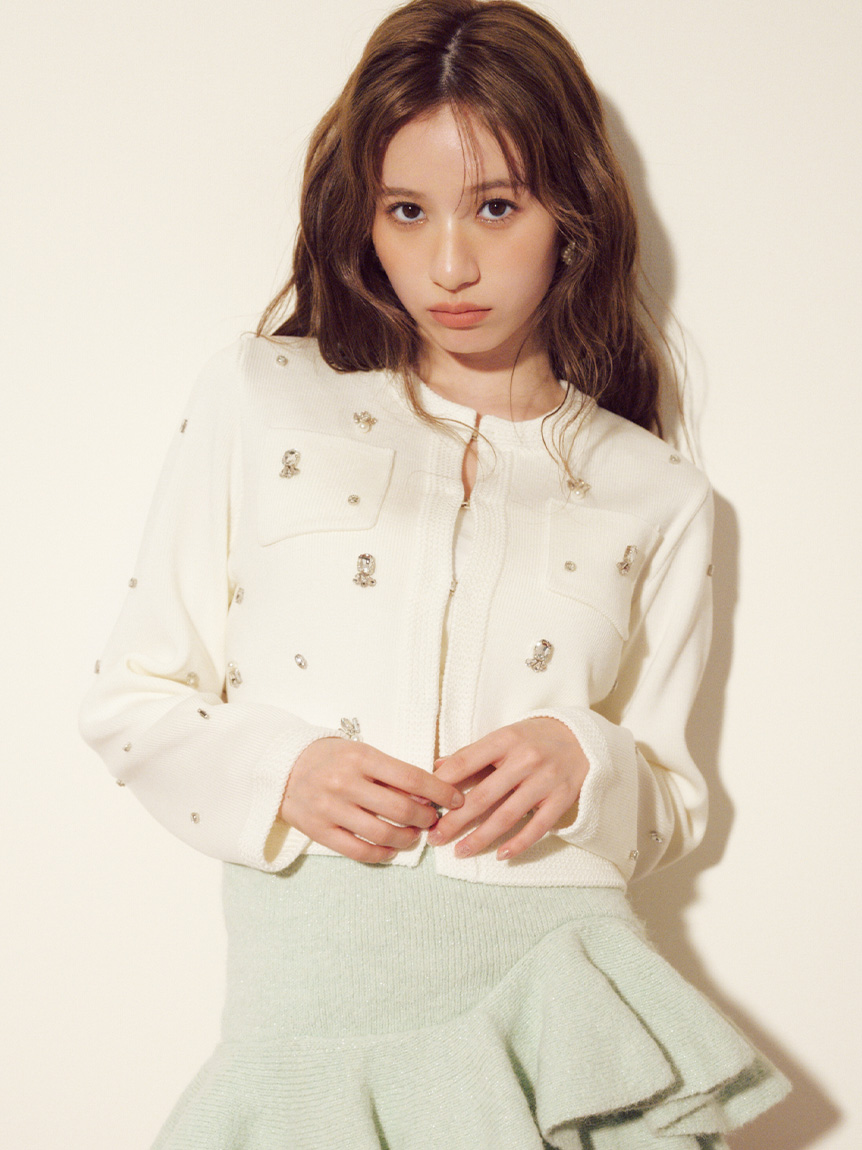 [L.B CANDY STOCK]マルチビジューノーカラーニットジャケット WEB限定】[L.B CANDY STOCK]マルチビジューノーカラーニットジャケット