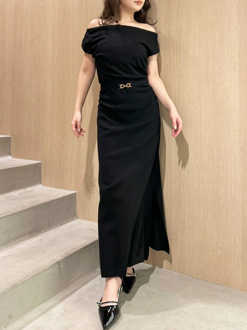 ベルト付きドレープニットワンピース(ニットワンピース)｜ワンピース