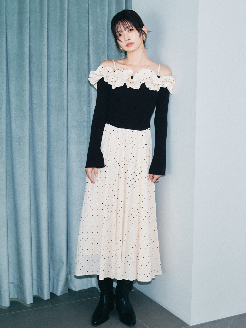 限定カラー】【WEB限定00サイズ】フリルカラーニットコンビワンピース