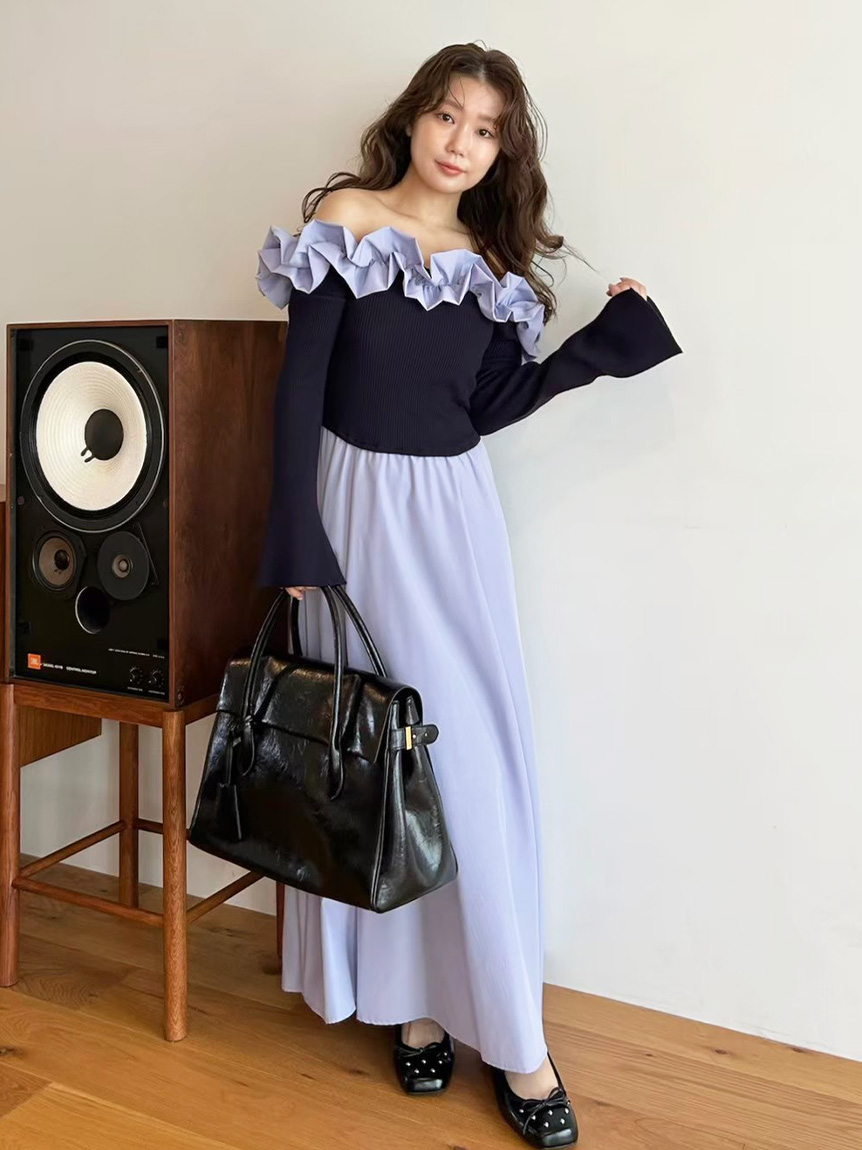 シェリエ　リリーフラワーニットコンビワンピース リリーラメジャガードニットワンピース(ブラック) - seventen