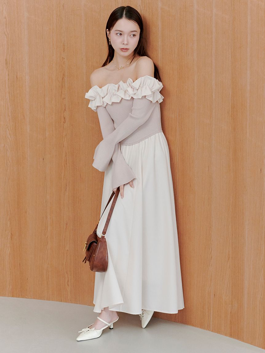 新色追加】フリルカラーニットコンビワンピース(マキシ・ロング