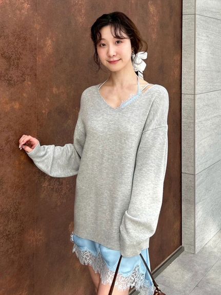 【美品】EVERYDAY I LIKE. カシミヤ リブ ロング Tシャツ WEB限定カラー】カシミヤブレンドニットセットサテンミニワンピース