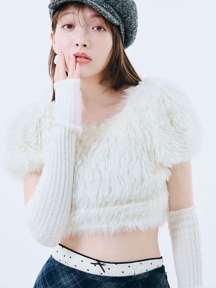【未使用・美品】Lily Brown★変わり織 コクーンシルエット コ－ト WEB限定カラー】アームウォーマー付きフェザーヤーンコンパクト