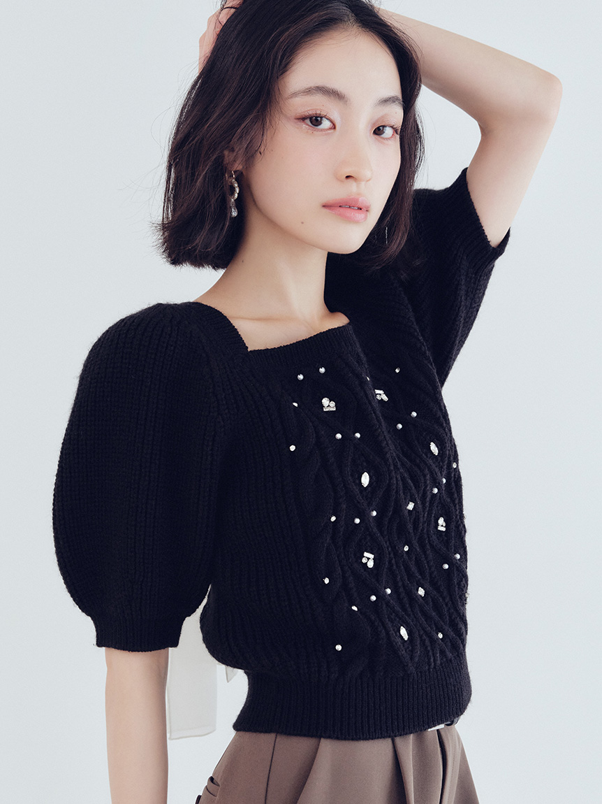 リリーブラウン LILY BROWN ビジュー ケーブルニット 白 長袖 ニット LILY BROWN（リリーブラウン）の「[L.B CANDY STOCK] ケーブル
