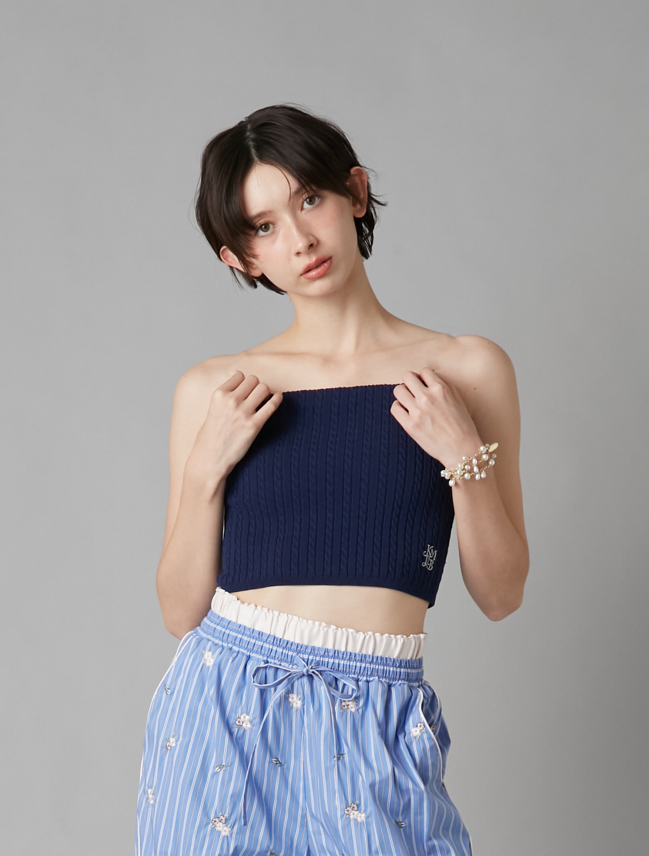 未使用品 トップバリュ ブラウン3ピース 太ストライプ Y6 美シルエット 上品 LILY BROWN Lingerie】ライククロスストラップレスブラ/リブ(ブラ