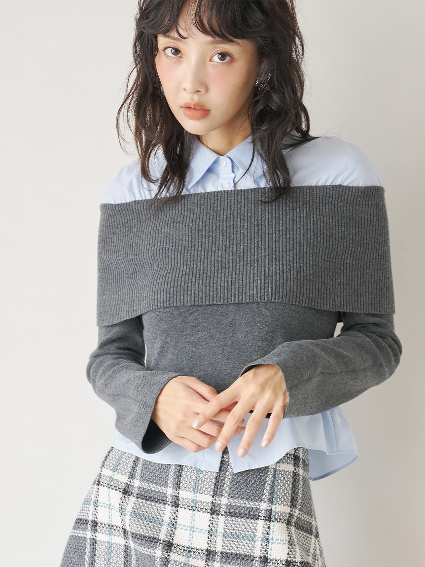 シャツドッキングオフショルニットトップス(ニット・セーター)｜TOPS