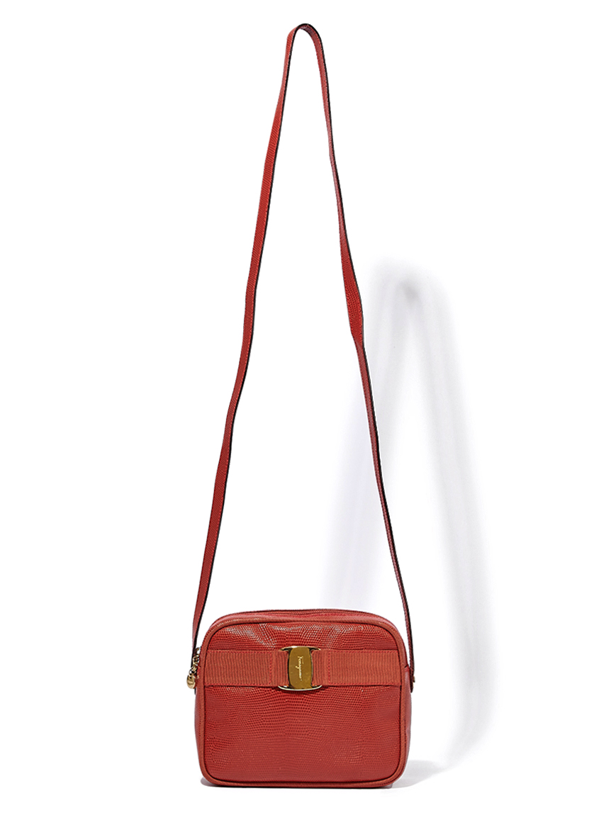 美品 フェラガモ ショルダーバッグ 本革レザー ブラウン ヴァラ リザード Salvatore Ferragamo ヴァラ型押リザードショルダー
