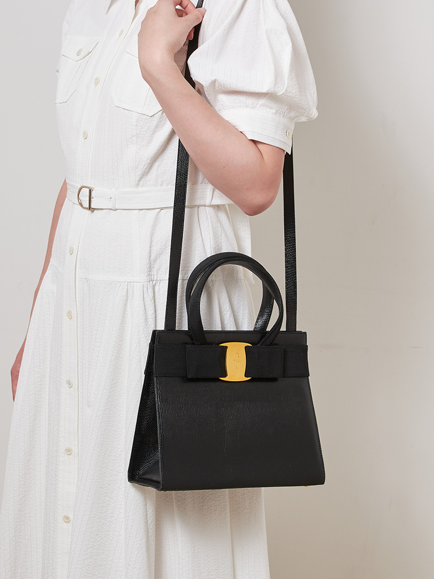 Salvatore Ferragamo ヴァラ型押リザード2wayショルダー(ヴィンテージ