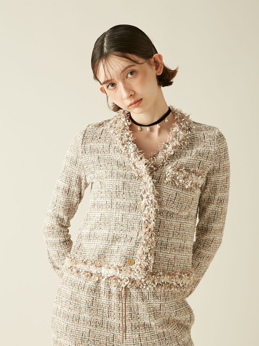 LILY BROWN ネイビー ツイード フリンジジャケット&スカートセット LILY BROWN（リリーブラウン）の「フリンジツイードジャケット