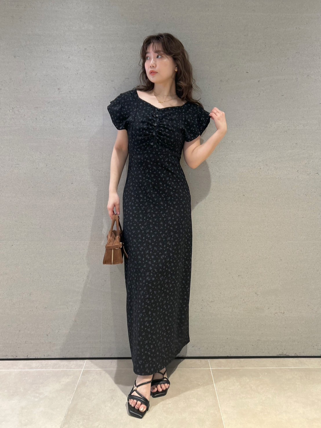 黒 シースルー ダブルボタン ワンピースリリーブラウン