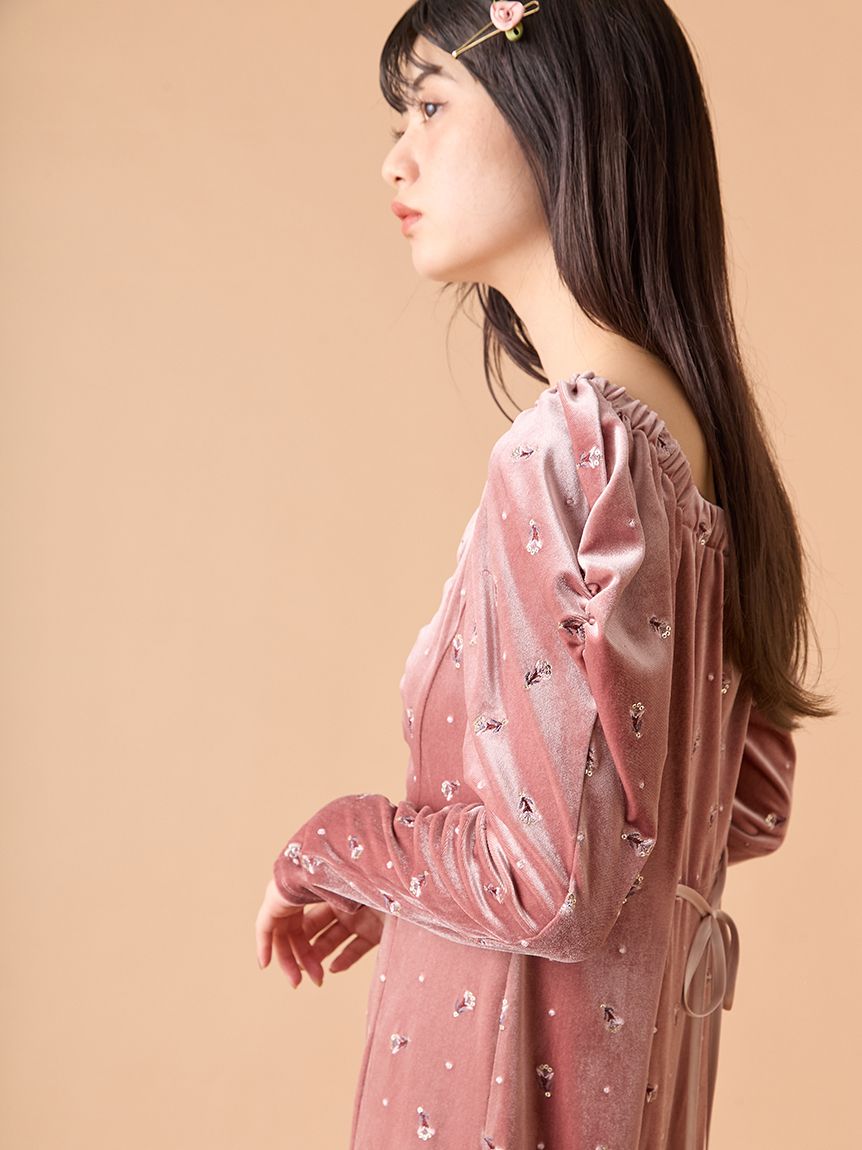 美品✨マイラン　ボリュームスリーブエンブロイダリーワンピース　ピンクベージュ ピンクのエンブロイダリーレイヤードドレス | Dorry doll | M