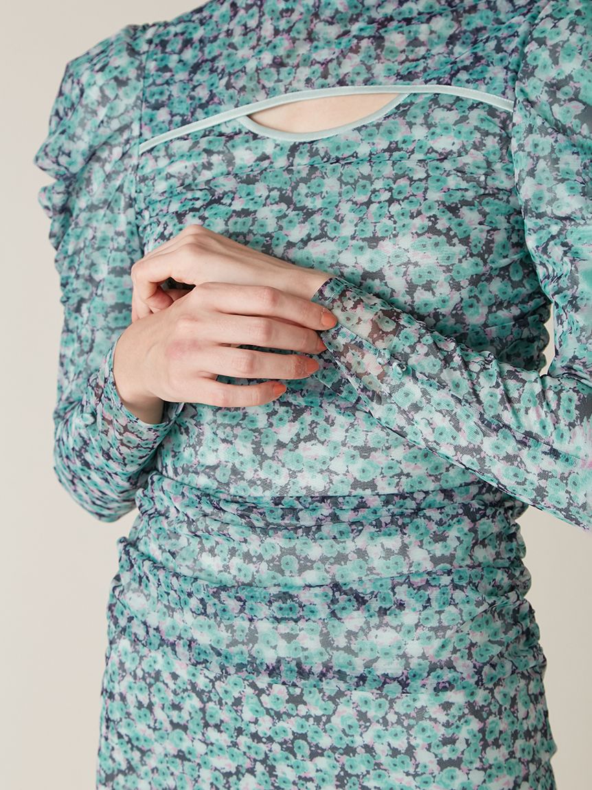 カッティングチュールプリントワンピース(マキシ・ロングワンピース