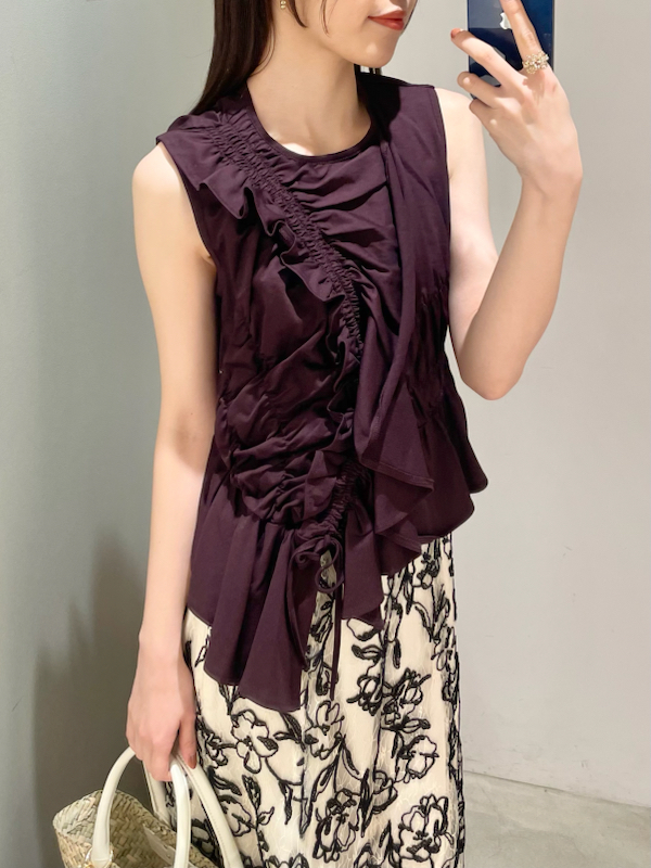 LILY BROWN ベージュ ドット柄 フリル チューブトップ ガーデンプリントチュールトップス（カットソー/Tシャツ）｜LILY