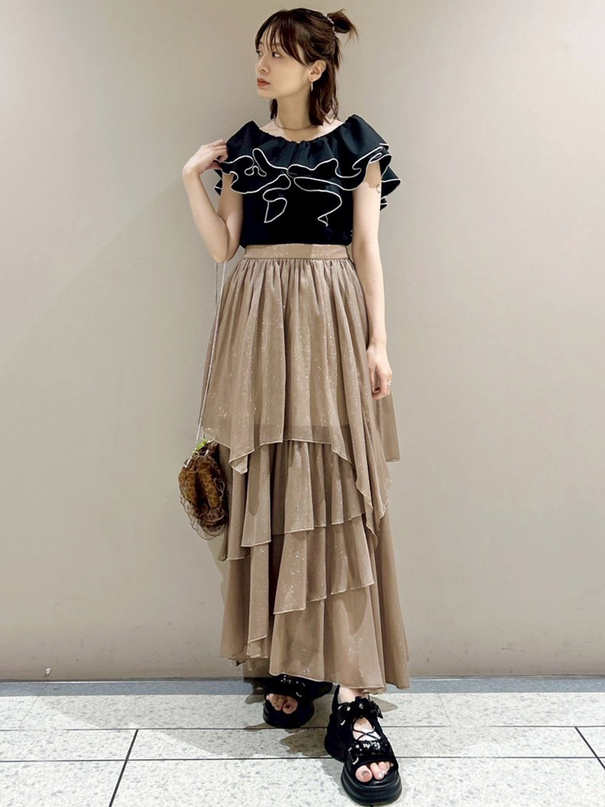 リリーブラウン Lily Brown 25AW デコルテフリルカットトップス カットソー F ブラック ホワイト /DO ■OS レディース LILY BROWN｜デコルテフリルカットトップス | Rakuten Fashion