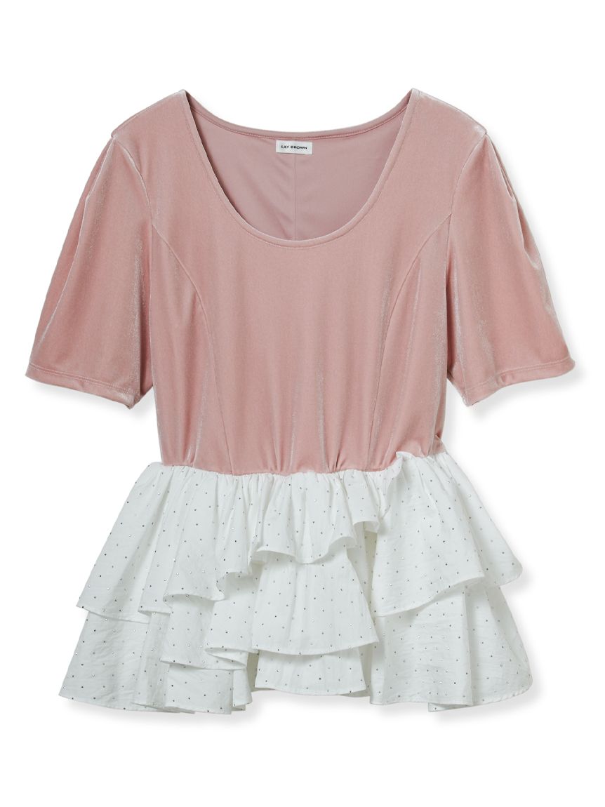 Lily Brown ベロア　ペプラム　フリル 半袖 トップス ピンク ベロアペプラムフリルトップス(Tシャツ・カットソー)｜トップス｜LILY
