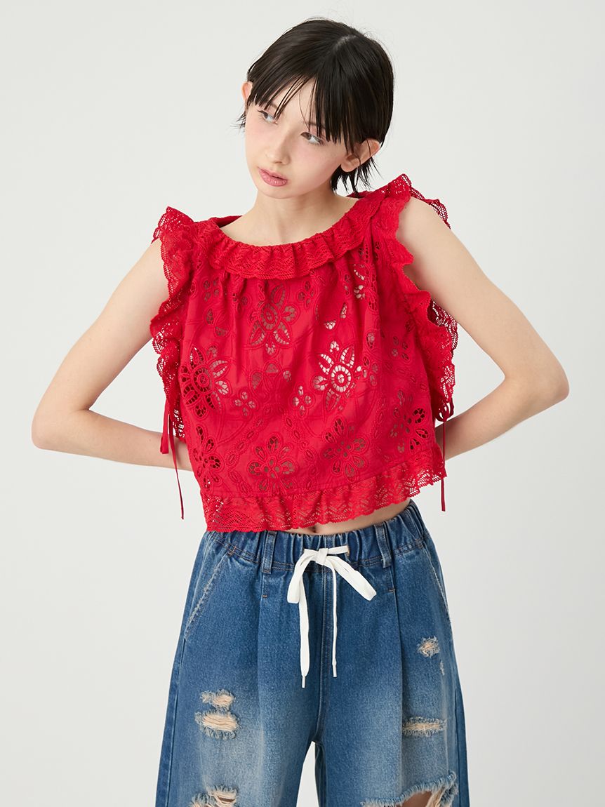 ケイナリタ Ribbon Strap Top ブラウス ノースリーブ 36 赤 Crisscross bandeau top in red