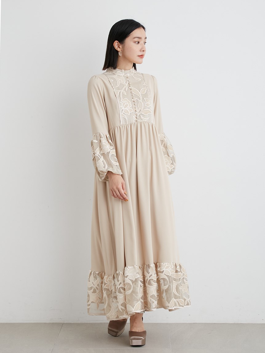 velor刺繍スイッチングバルーンドレス(マキシ・ロングワンピース 