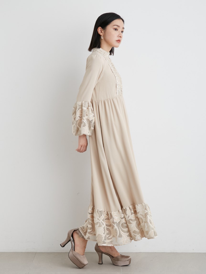 velor刺繍スイッチングバルーンドレス(マキシ・ロングワンピース 