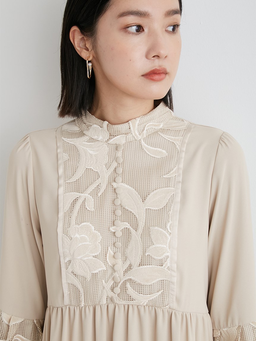 velor刺繍スイッチングバルーンドレス(マキシ・ロングワンピース