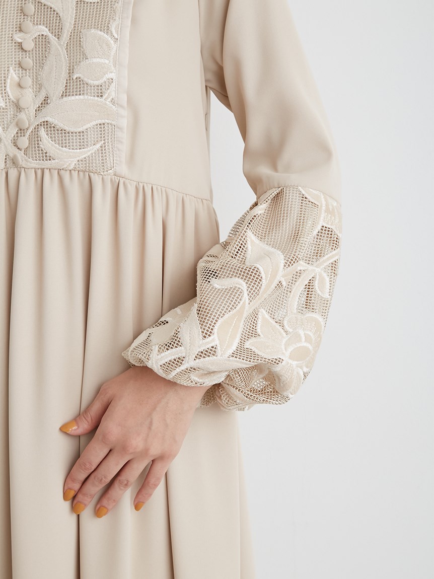 velor刺繍スイッチングバルーンドレス(マキシ・ロングワンピース