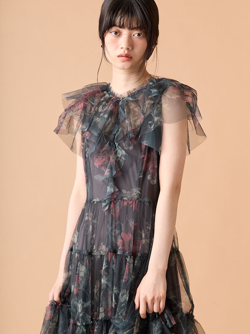 ボタニカルチュールティアードドレス(マキシ・ロングワンピース