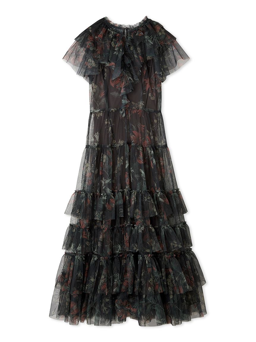 ダークブラウン マキシチュールドレス Lサイズあり】ケミカルレースxチュールスカートマキシキャバ