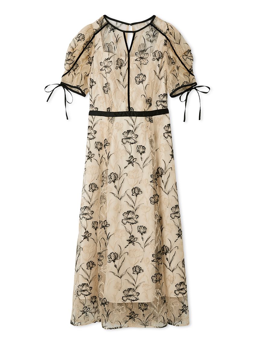 ラインフラワーエンブロイダリードレス(マキシ・ロング