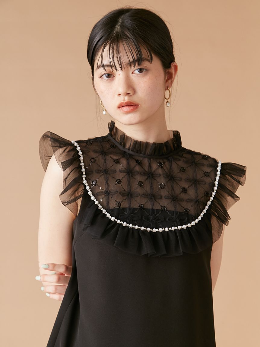 Lily Brown Aラインビジューワンピース　ブラック L.B CANDY STOCK]Aラインビジューミニワンピース(ドレス