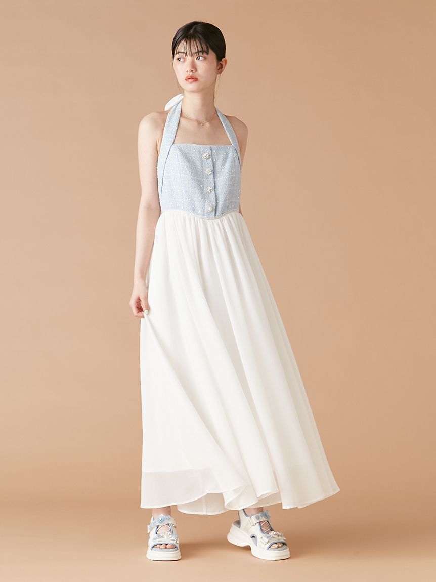 WEB限定カラー】[L.B CANDY STOCK]ツイードコンビホルターネック