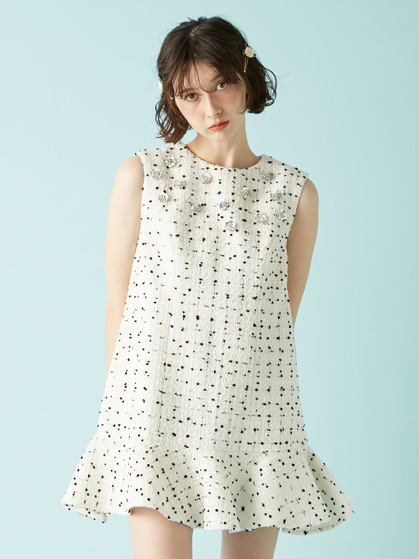 LILY BROWN Aラインビジューミニワンピース L.B CANDY STOCK]ツイードビジューAラインミニワンピース | リリー