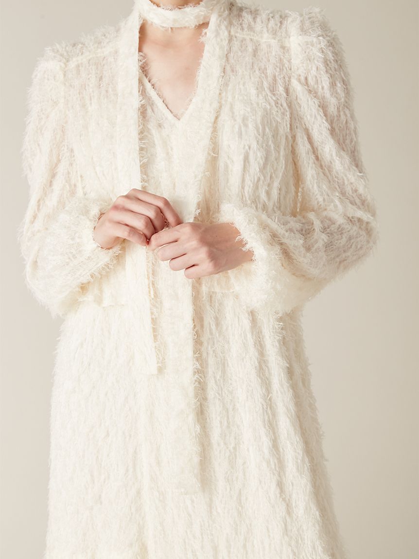 WEB限定00サイズ】ボウタイ付きフリンジジャガードペプラムワンピース