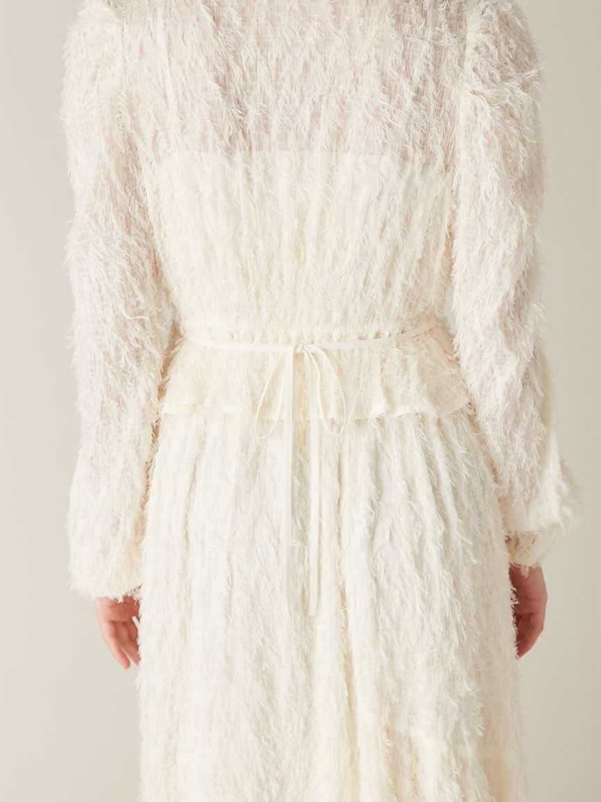 WEB限定00サイズ】ボウタイ付きフリンジジャガードペプラムワンピース