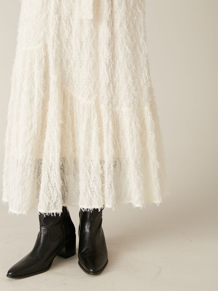 WEB限定00サイズ】ボウタイ付きフリンジジャガードペプラムワンピース