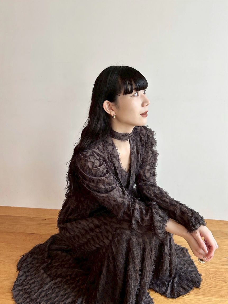 WEB限定00サイズ】ボウタイ付きフリンジジャガードペプラム