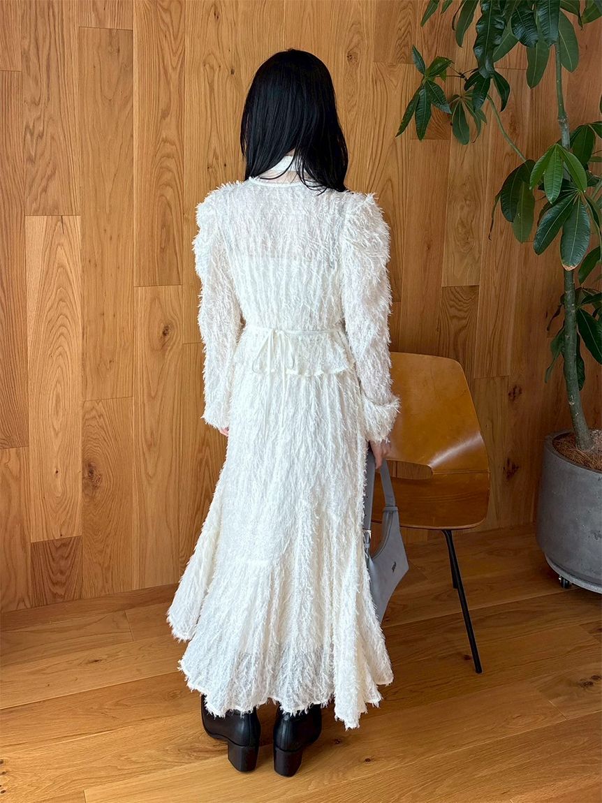 WEB限定00サイズ】ボウタイ付きフリンジジャガードペプラムワンピース