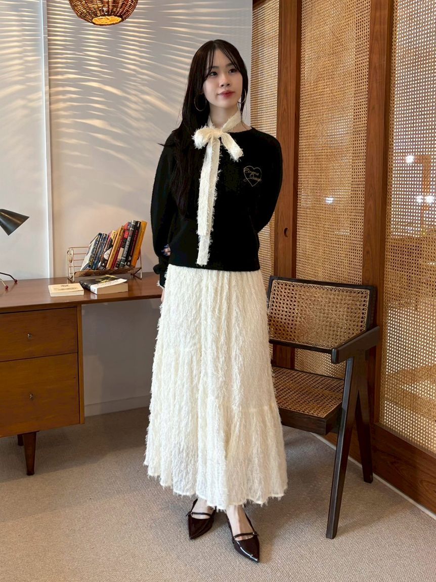 WEB限定00サイズ】ボウタイ付きフリンジジャガードペプラムワンピース