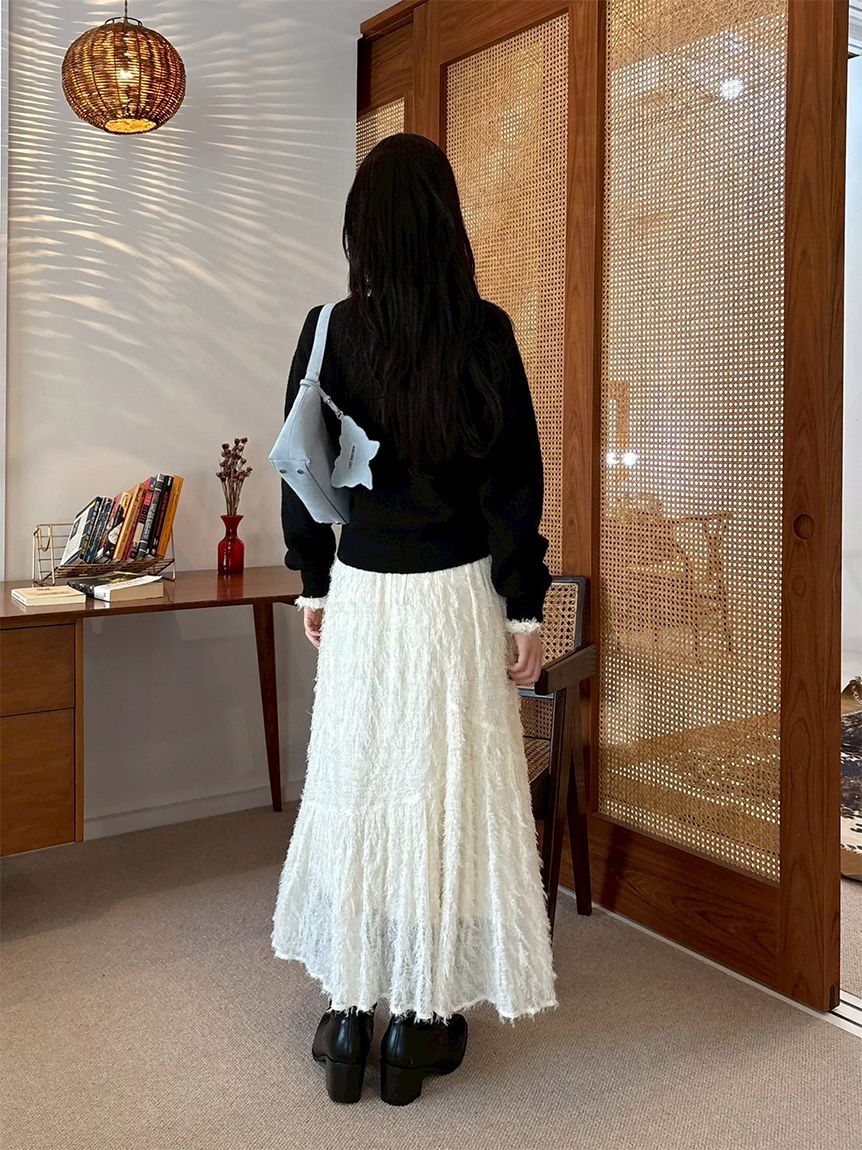 WEB限定00サイズ】ボウタイ付きフリンジジャガードペプラム