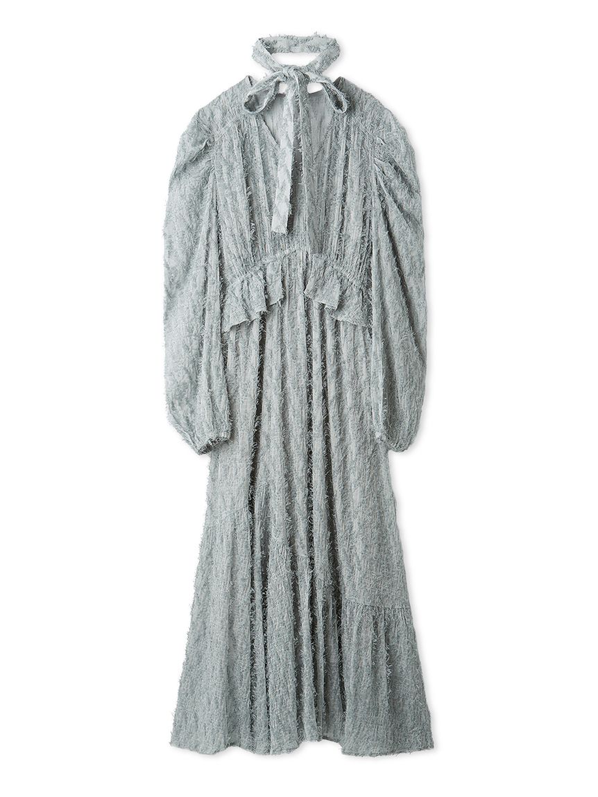 WEB限定00サイズ】ボウタイ付きフリンジジャガードペプラムワンピース